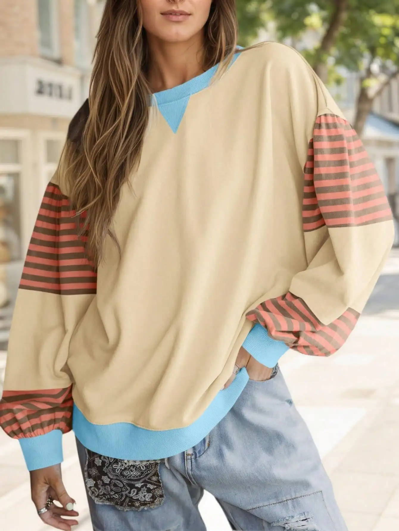 Fisoew sweat-shirt surdimensionné ColorBlock, pull à col rond à manches lanternes rayées, haut d'automne décontracté à manches longues avec épaules tombantes