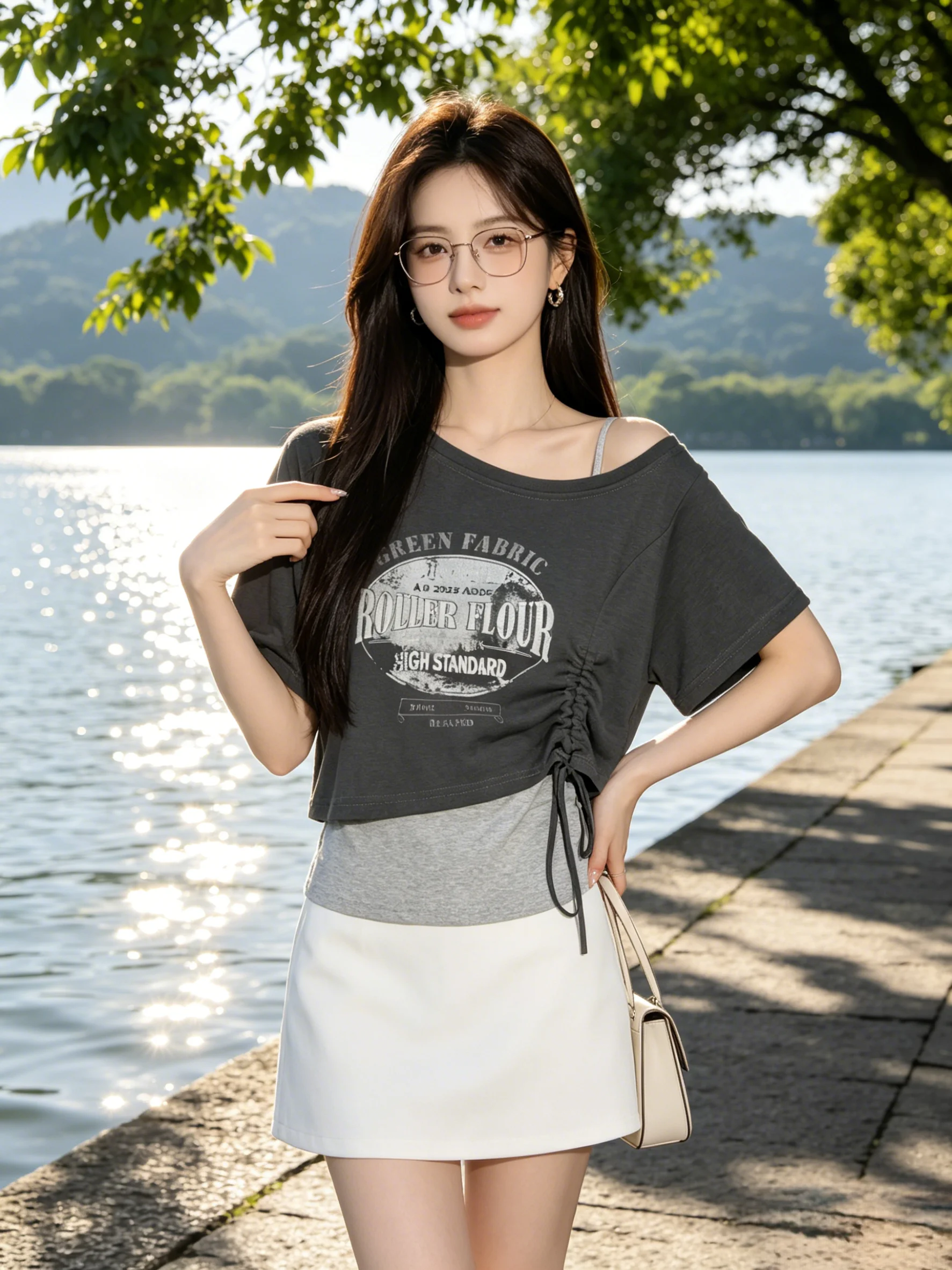 

Summer Skin-Friendly Lazy Retro Diagonal Shoulder Slimming Short Sleeve T-Shirt Drawstring Set Women Versatile Vest Layering ...