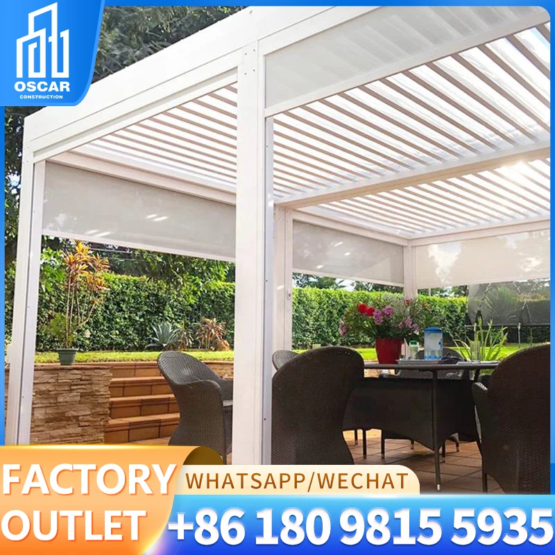 Hot Sale Black Electric Aluminum Alloy Louver Pergola with Powder Coated Frame and Natural Pressure Treated Wood