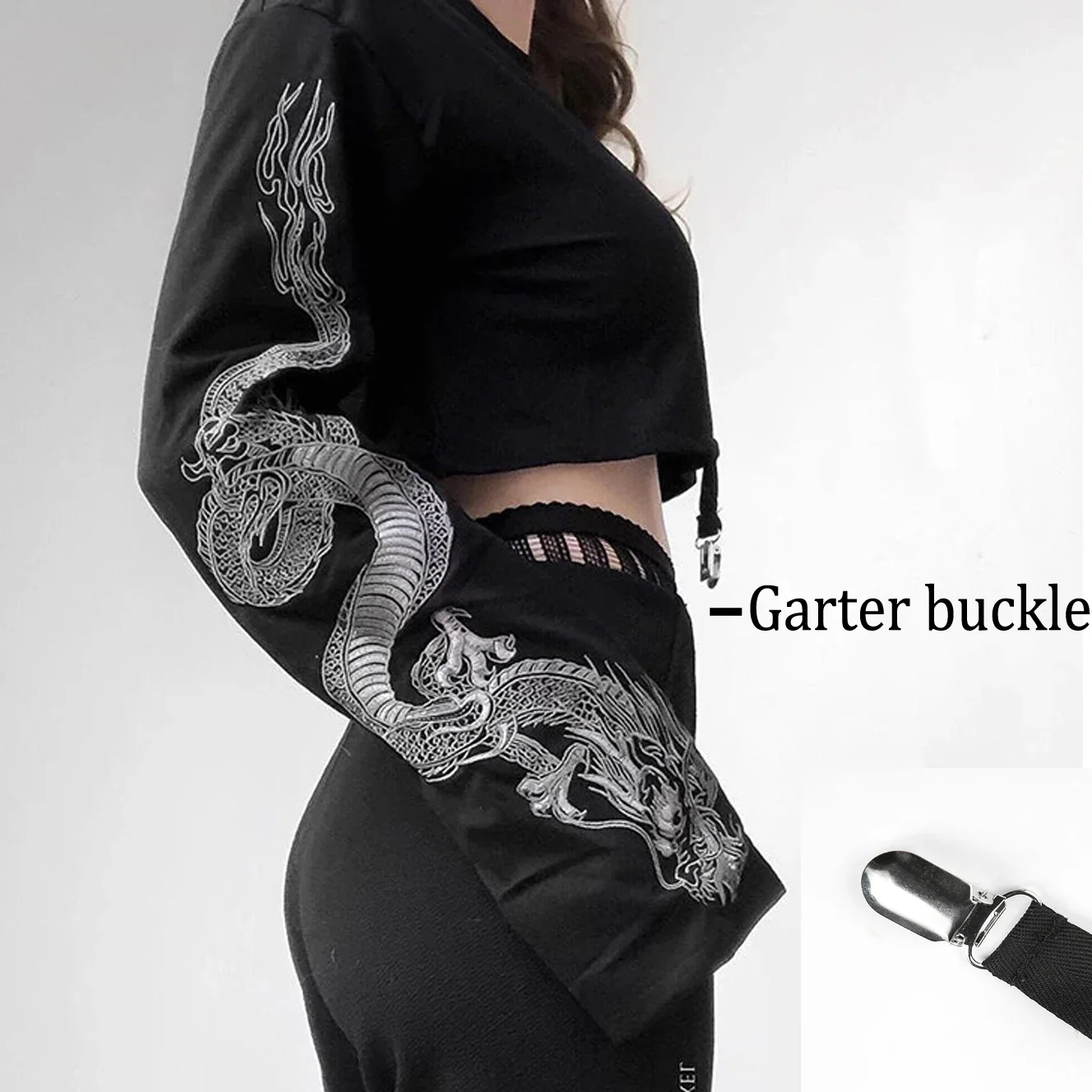 Garter Ribbon Punk Dragon Print Sleeve Loose Sexy Crop Top Women Streetwear Harajuku Cropped Short Sweatshirt Pullover Hoodies