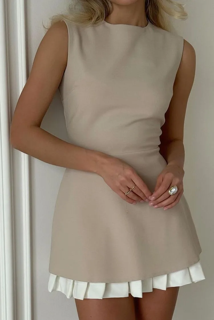 Robe Courte Plissée Élégante Patchwork pour Femme, Style Bureau et Ville, Coupe Slim Sans Manches, Tendance