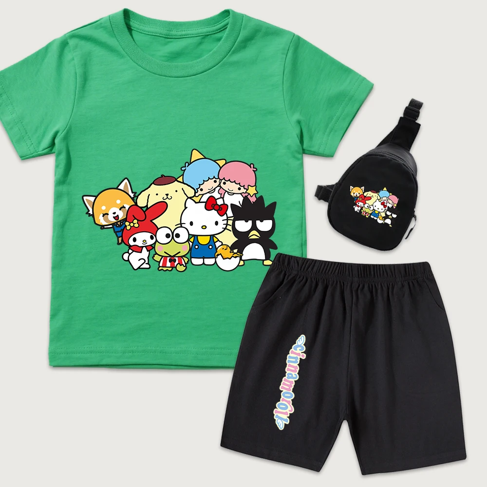

Хлопковая футболка с принтом Hello Kitty Cute Crew, шорты, мини-сумка на грудь, комплект из 3 предметов для мальчиков и девочек, летняя повседневная одежда для детей