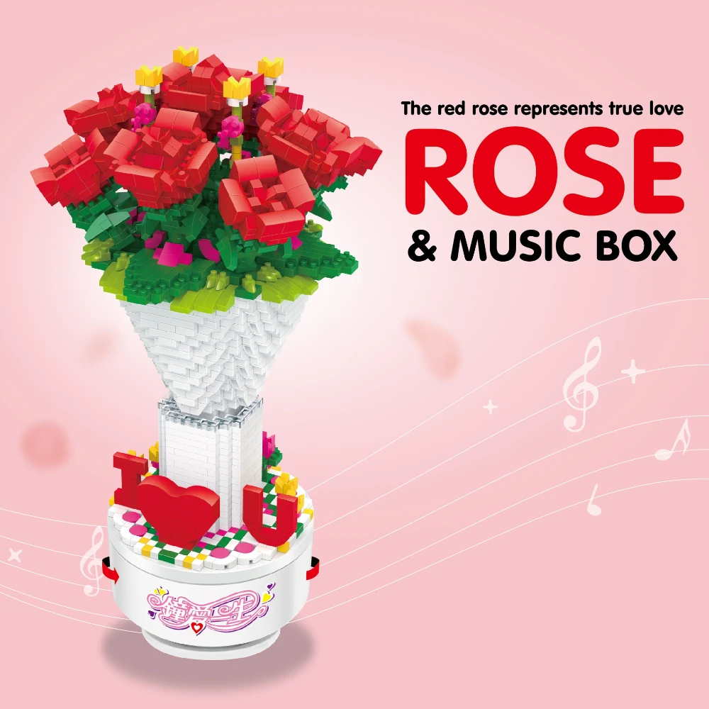 

MOC New Blossom Rose Love Flower Music Box Набор строительных блоков для комнаты, украшения дома, кирпичи, игрушка «сделай сам» для детей, праздник на день рождения