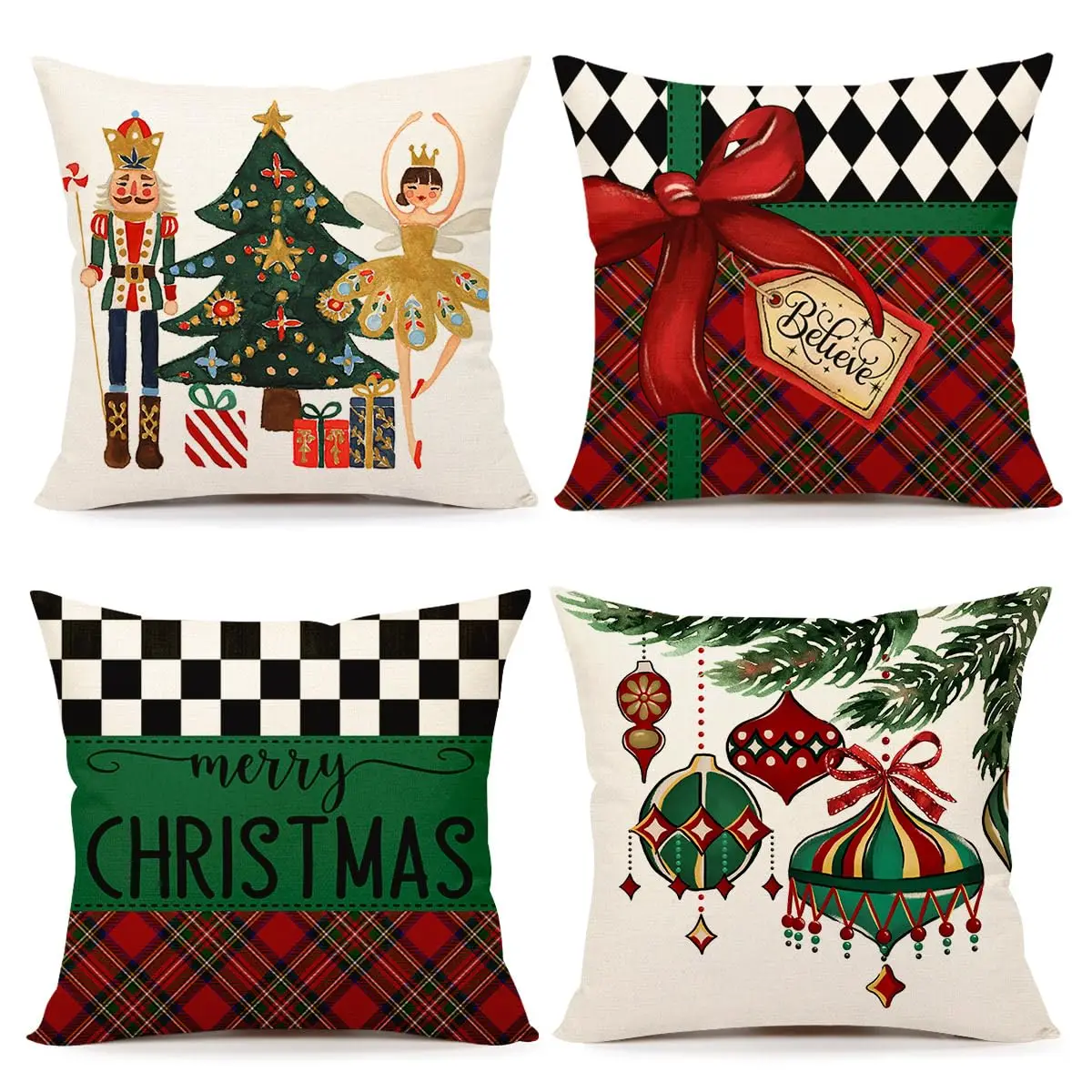 

Christmas Nutcracker Pillow Covers Set of 4, Xmas Buffalo Check Plaid Farmhouse Decor Merry Believe Ball Winter Holiday Decor
