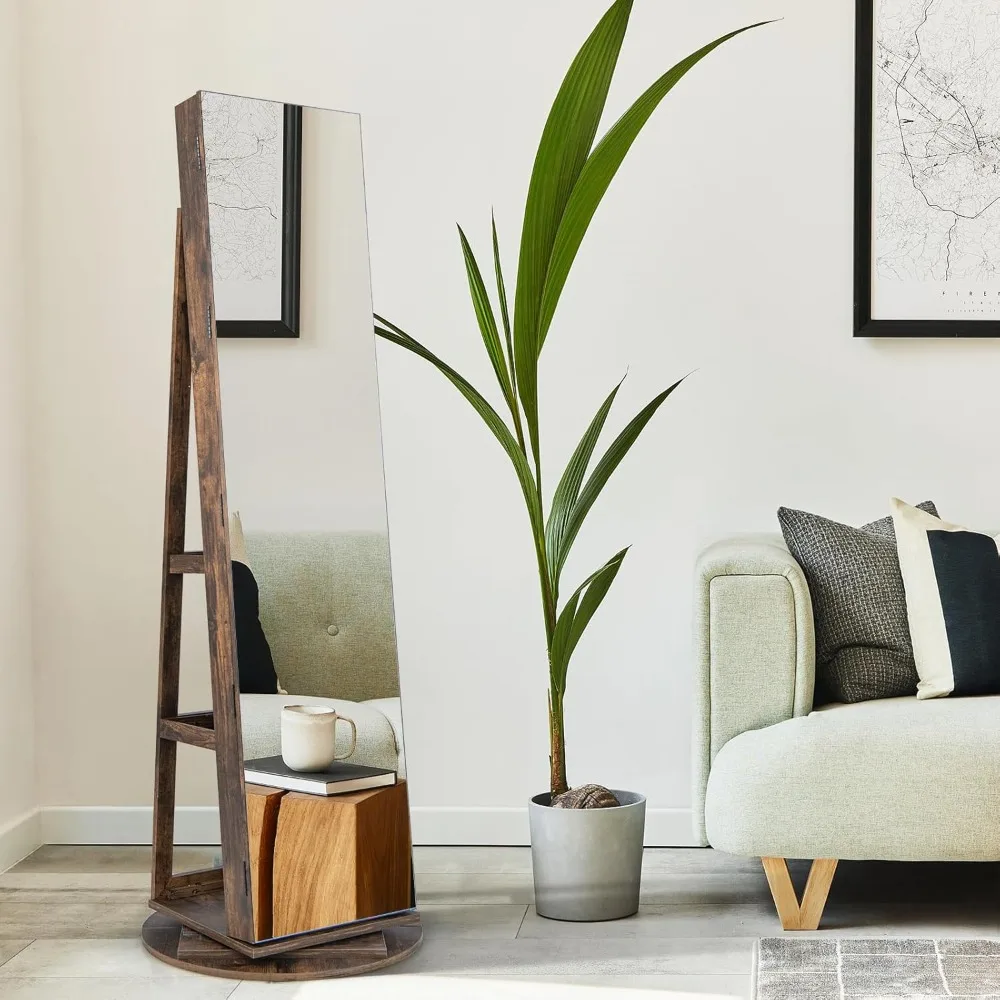 "360 Degree Rotatable Lockable Jewelry Cabinet with Full-Length Mirror and 3-Color LED Lights, Rear Storage"