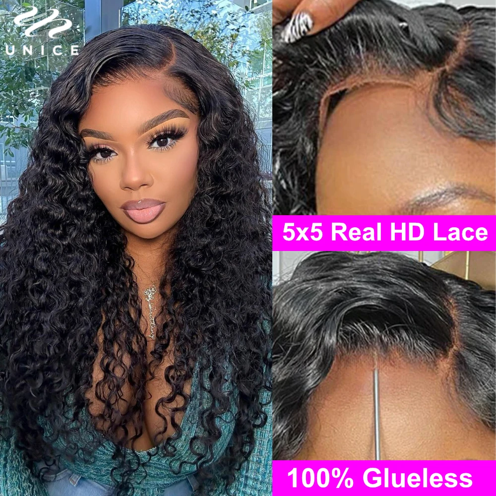 

Unice Hair Water Wave 5x5 HD Lace Wig Pre Cut Pre Bleached Pre Plucked Glueless Wig Human Hair Ready To Wear 150% Density