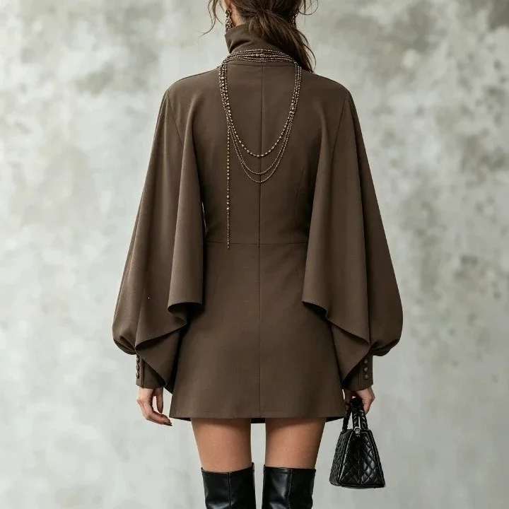 Women High Neck Mini Dress Batwing Cape Overlay Lantern Long Sleeve Button Short Dress Elegant Vintage Chic Formal Evening Dress