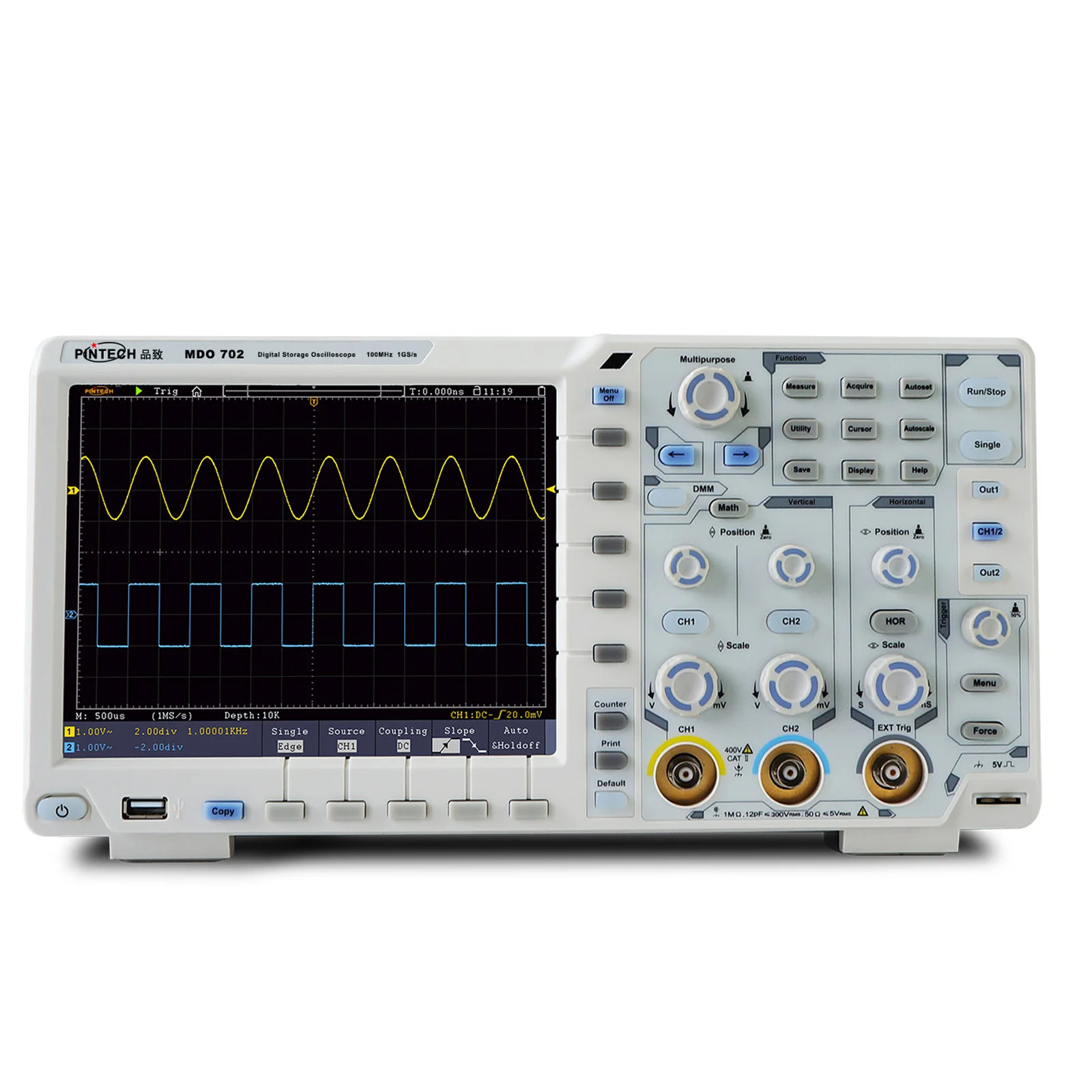 PINTECH MDO702 Portable Oscilloscope with Built-in Waveform Generator, 100MHz, 1GS/s, Dual-Channel, 40M, 8