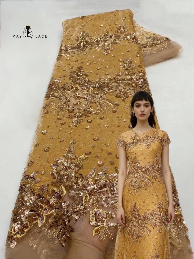 

New Design Fashion African Nigerian Velvet Beaded Embroidery 2025 Sequins Mesh Hot Sale French Tulle Lace For Party Dress Women