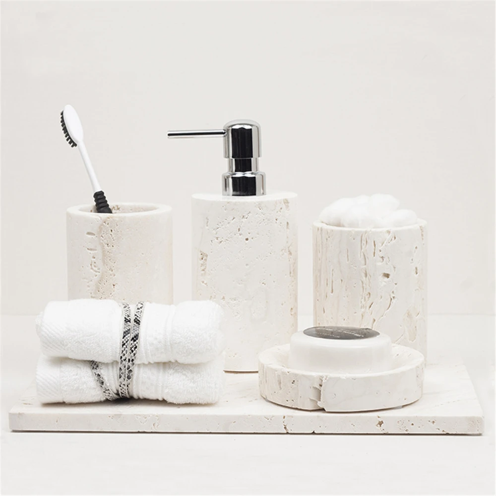 Beige Travertine Bathroom Accessories Set Natural Marble Soap Dispenser Soap Dish Toiletries Set Vanity Tray Kit Bathroom