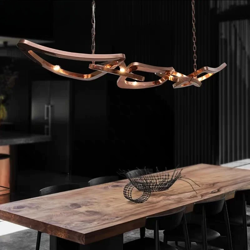 Luxury Interlocking Wave Chandelier Modern Rose Gold Metal Linear Pendant Light Creative Chain Design Hanging Lamp for Kitchen