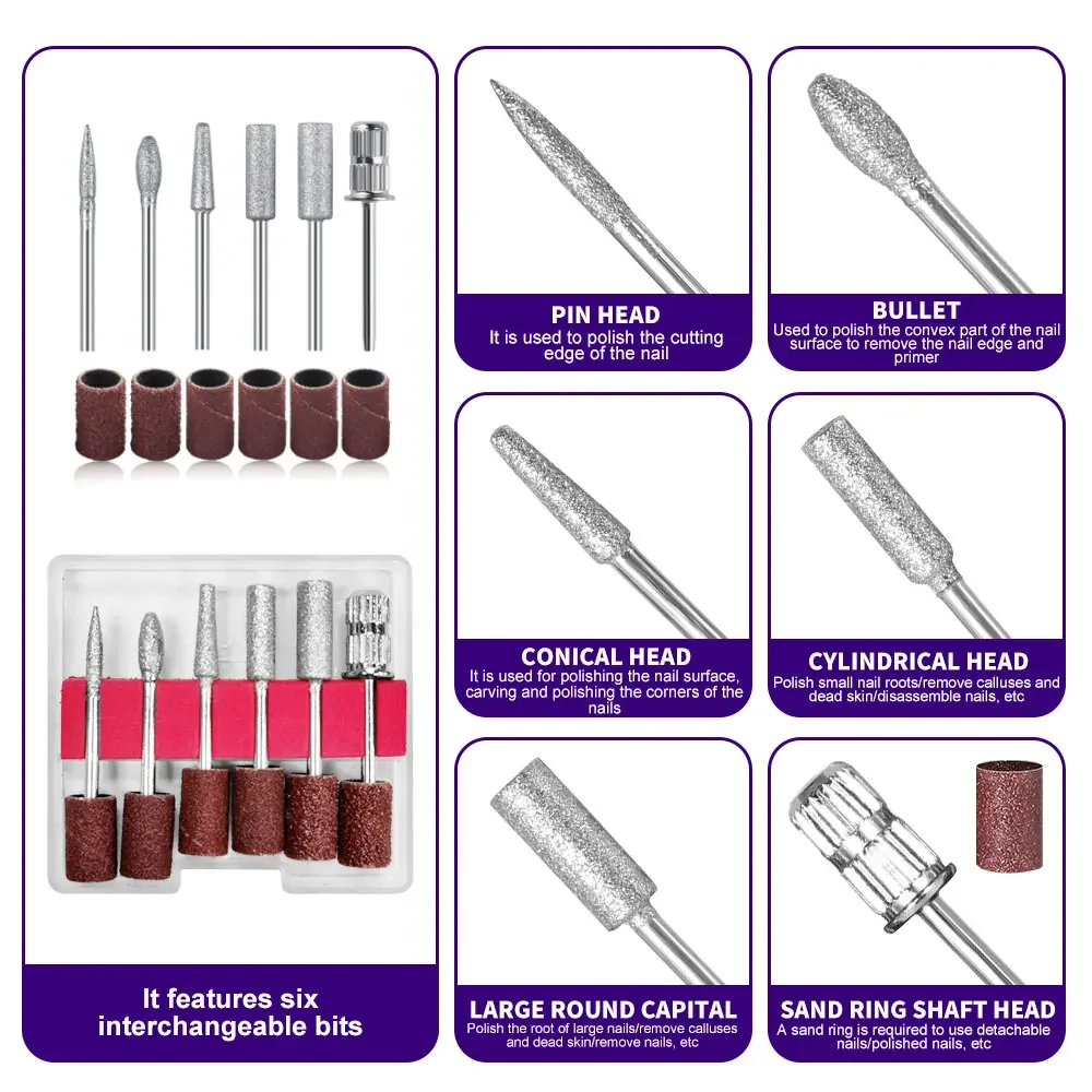 Perceuse à ongles électrique Rechargeable, connexion USB, ponceuse de manucure à faible bruit, comprend un ensemble de perceuses, dissolvant de vernis à ongles pour P