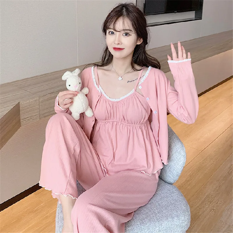 Fdfklak Floral Spring Autumn Pajamas Women\'s Cotton Long-Sleeve 2024 New Home Clothes Three-Piece Suit Pyjama Pour Femme Set