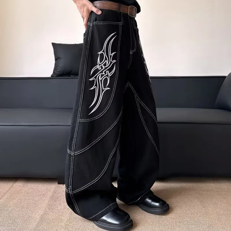 HKSH Primavera Estate Nuovi Uomini Marea Y2K Moda giovanile High Street Chic Jeans Fiamma Ricamo Lavato Pantaloni larghi a gamba larga Ins HK5246