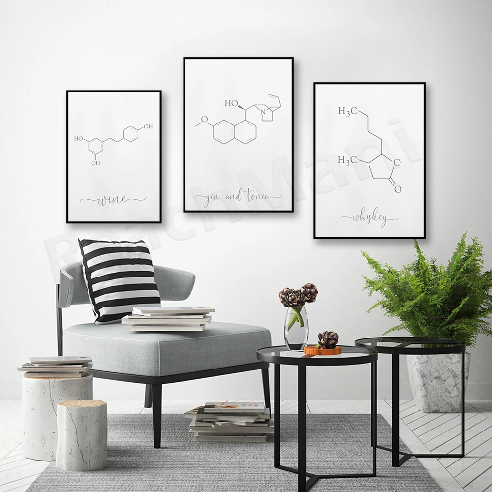 Drink wall art poster. Beverage home decor print, wine, gin, whiskey chemical recipes. Molecular poster.