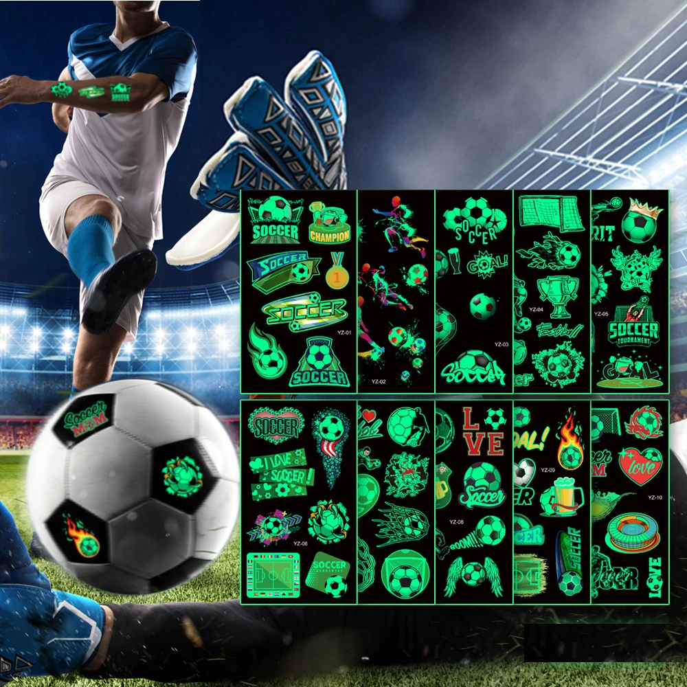 10pcs Cool Sports Football Luminous Tattoo Stickers Temporary Colorful Decal Cute Cartoon Waterproof Tattoo Sticker for Kid Toy