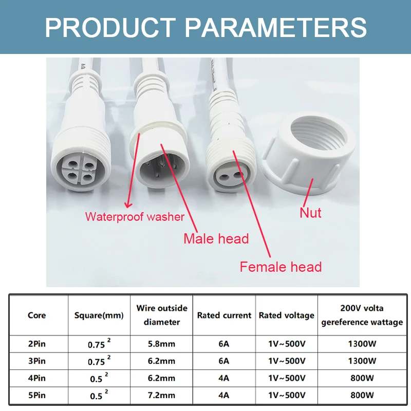 White 2 3 4 5 Pin IP68 Waterproof Male Female Cable Connector Plug Butt Extension Line Outdoor LED Wire 0.5/0.75 Square