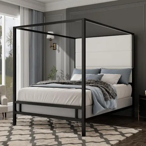 Modern King Size Canopy Platform Bed with Tall Velvet Fabric Upholstered Headboard, Metal 4-Poster Bed Frame with Strong Slats S