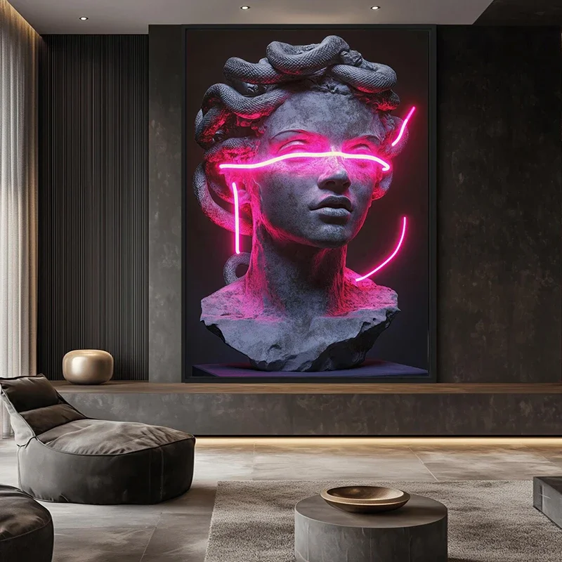 Neon Portrait Cyberpunk Greek Statue Poster and Prints Canvas Painting Wall Art Pictures Home Decor Cuadros