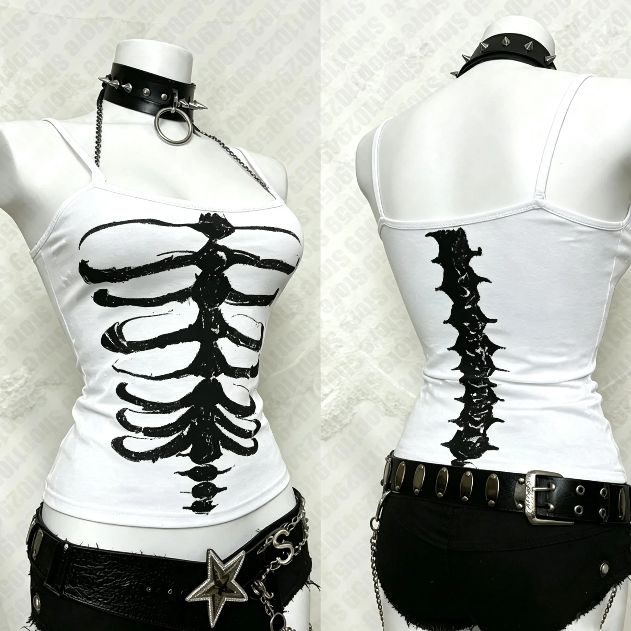 Y2K Punk Women Skeleton Ribcage Spine Graphic Camisole Slim Sleeveless Crop Tank Top Gothic Dark Grunge Front Back Print Alt Top