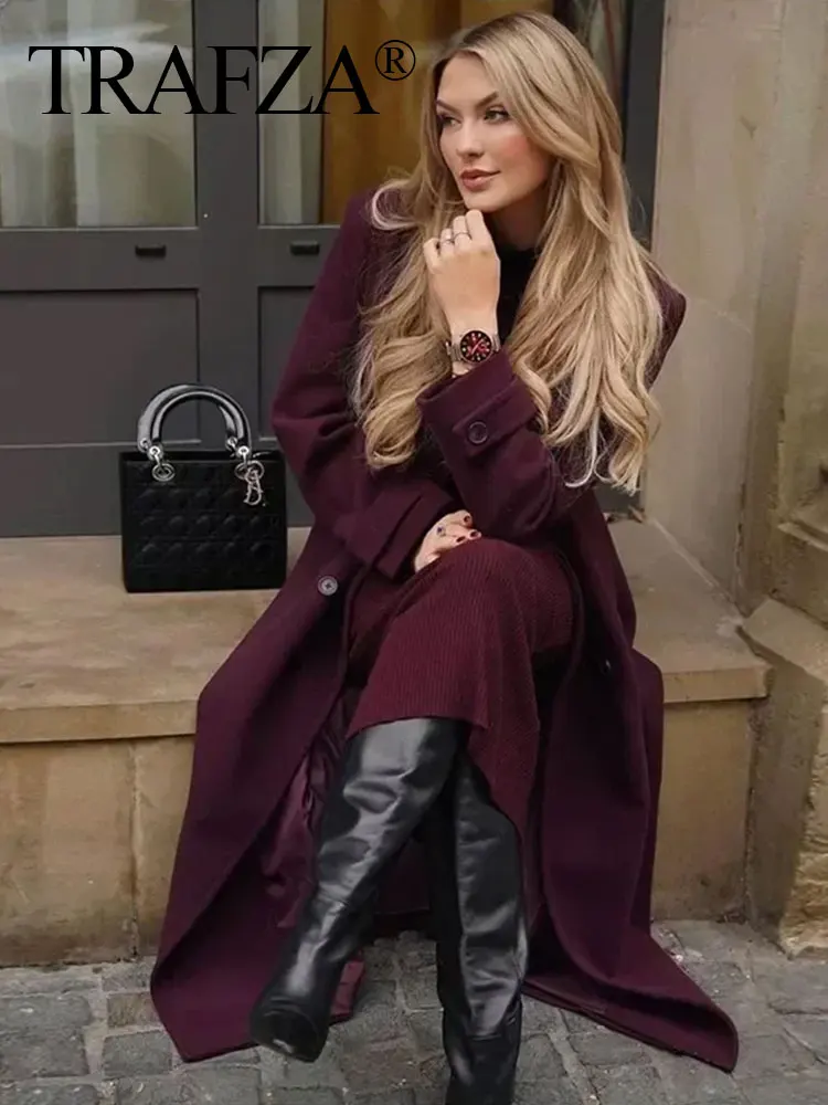 TRAFZA Women Elegant Burgundy Oversize Lapel Coat Belt Wool Blend Double Breasted Long Sleeve Jacket 2024 Autumn Commute Outwear