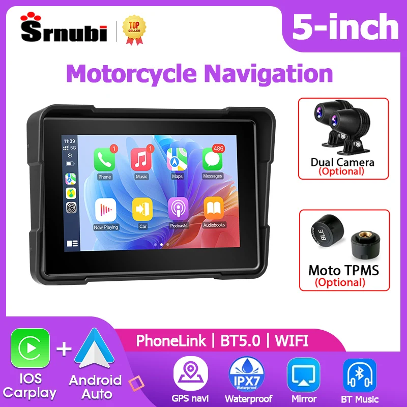 

Srnubi 5" Motorcycle DVR or Player Navigation GPS Wireless CarPlay Android Auto Airplay Portable Motorbike Monitor TPMS sensor