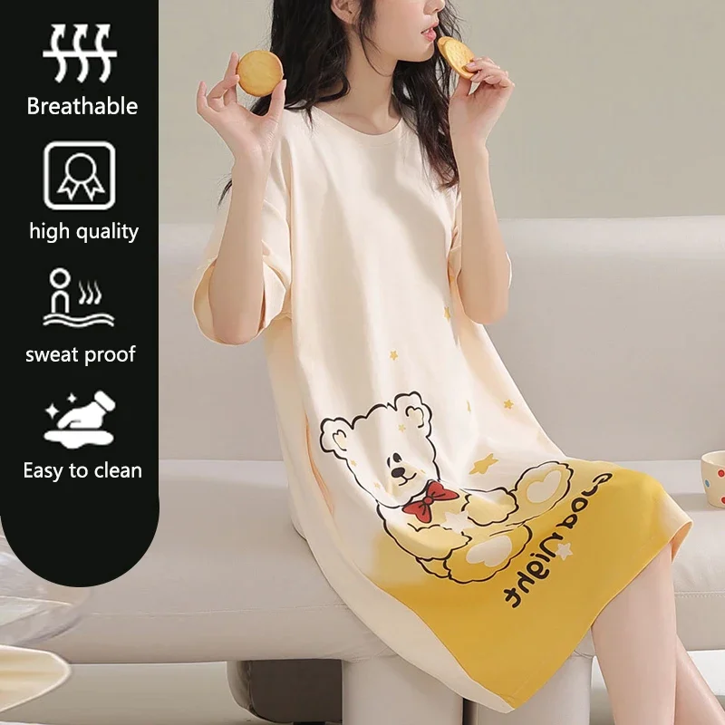 Women Large Size Pajamas Short-Sleeved Nightgown Cartoon Bear Xl Long Girl Robe Rabbitlong Skirt Loungewear Sexy Nightwear Dress