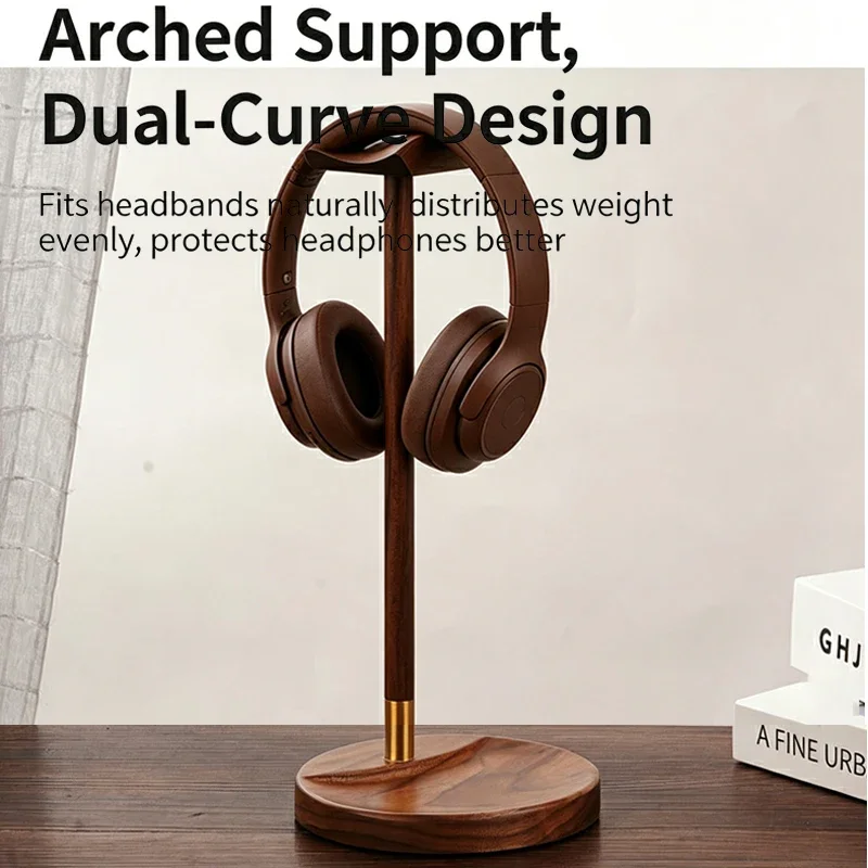 Solid Wooden Walnut Headphones Stand Gaming Music Headset Holder Bracket with Stable Base Space Saving Desktop Display Shelf