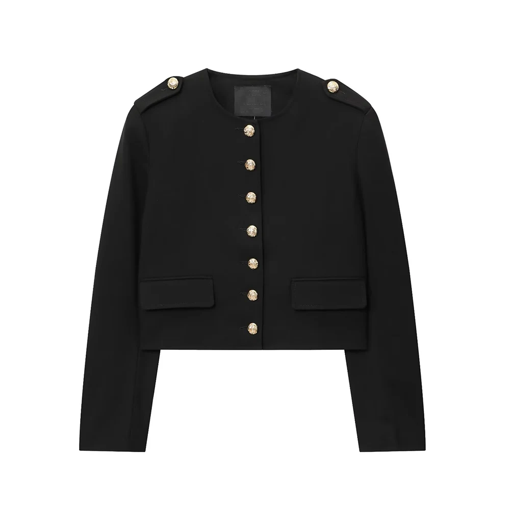 

Women's new fashion gold button decoration casual black short round neck jacket Coat retro long sleeved women's Coat chic top