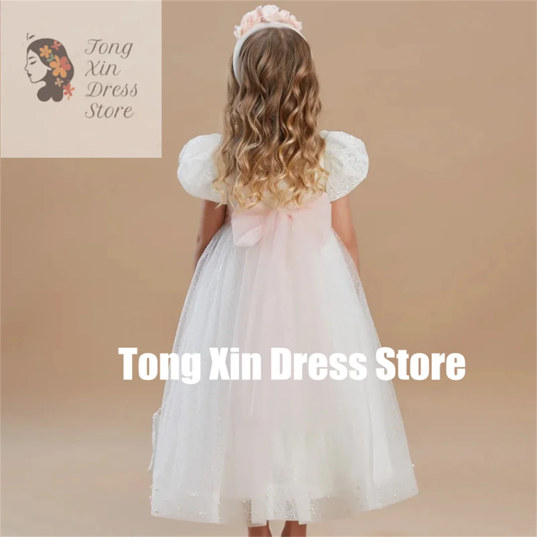 

Customized Flower Girl Dresses White Flory Appliques With Pink Bow Belt Short Sleeve For Wedding Birthday Holy Communion Gown