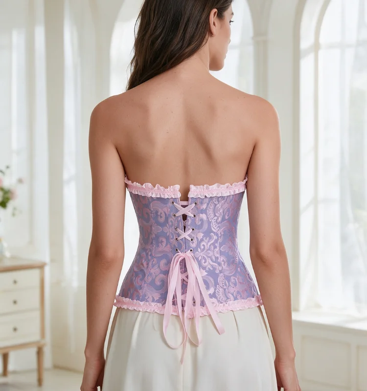 Damen-Overbust-Korsett, Vintage-Jacquard, Rüschen, Schleife vorne, Busk hinten, Schnürung, Taillenformer, Freizeit-, Party- und Alltagskleidung – Detail 30