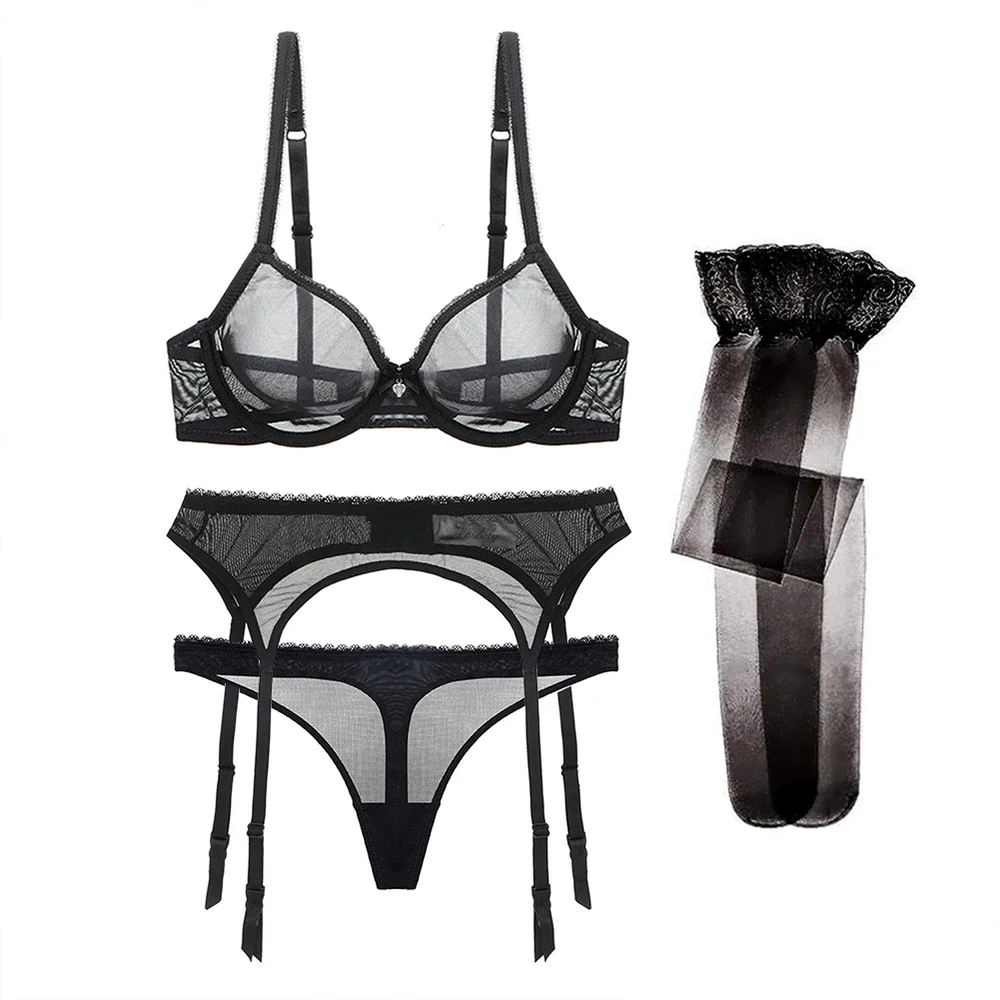 

Varsbaby sexy ultra-thin transparent yarn lingerie set bras+garters+thongs+stockings 4 pcs for young women