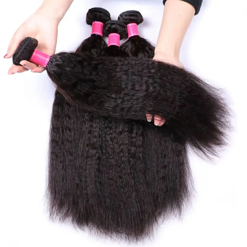 

15A Кудрявые прямые человеческие волосы, бразильские прямые яки, 100% необработанные, 3/4 пучка, натуральные необработанные наращивания Remy для женщин