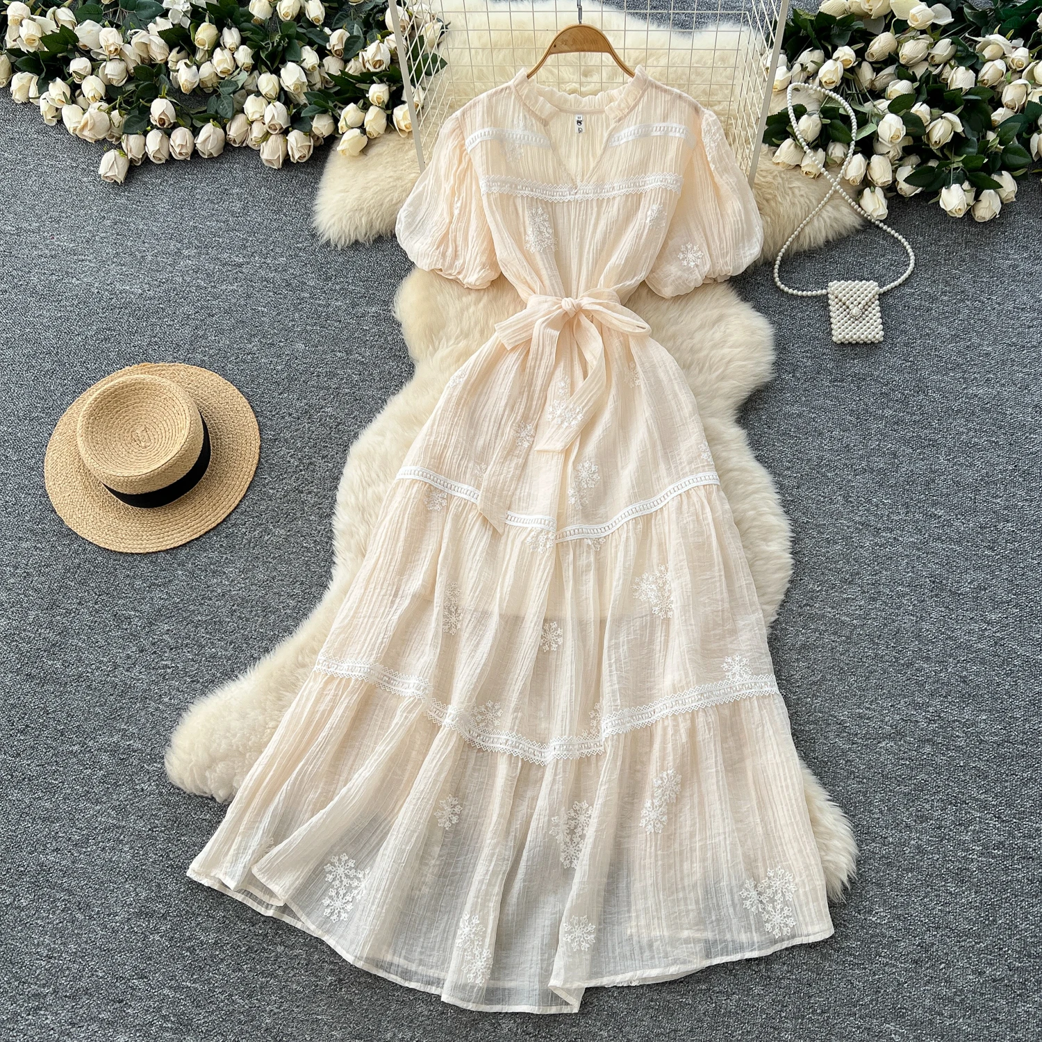 Chic vintage scollo a V maglia ricamata sottile elegante fata moda coreana Boho vestito estivo abbigliamento donna Abito lungo