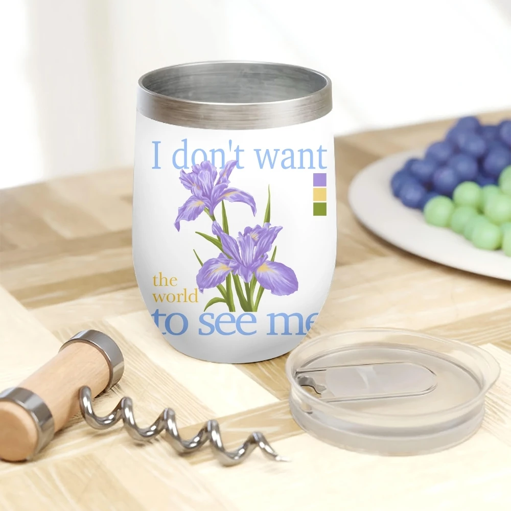 Beautiful Iris Watercolor Flower Vacuum Flasks 12oz Insulated Wine Tumbler Vacuum Coffee Mug Egg Shape Thermos Cup