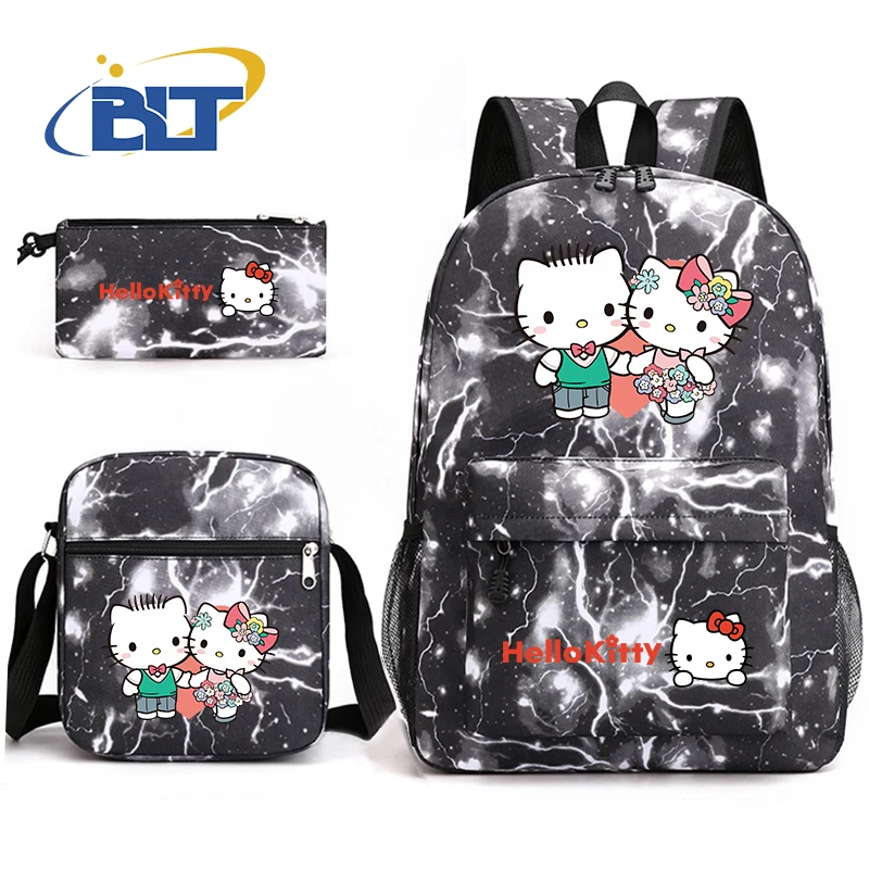 Conjunto de bolso escolar para estudiantes con estampado de MINISO HeIIoKitty, bolso de lápices para niños, mochila, bolso de hombro, conjunto de tres piezas