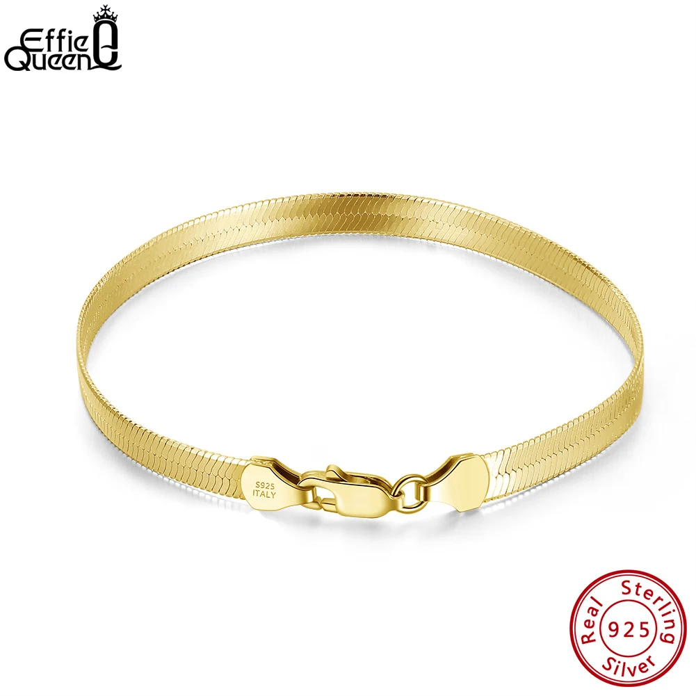 

EFFIE QUEEN 925 Solid Sterling Silver Flat Herringbone Chain Bracelet Dainty Snake Chain on Hand Wristband Jewelry Unisex SB107