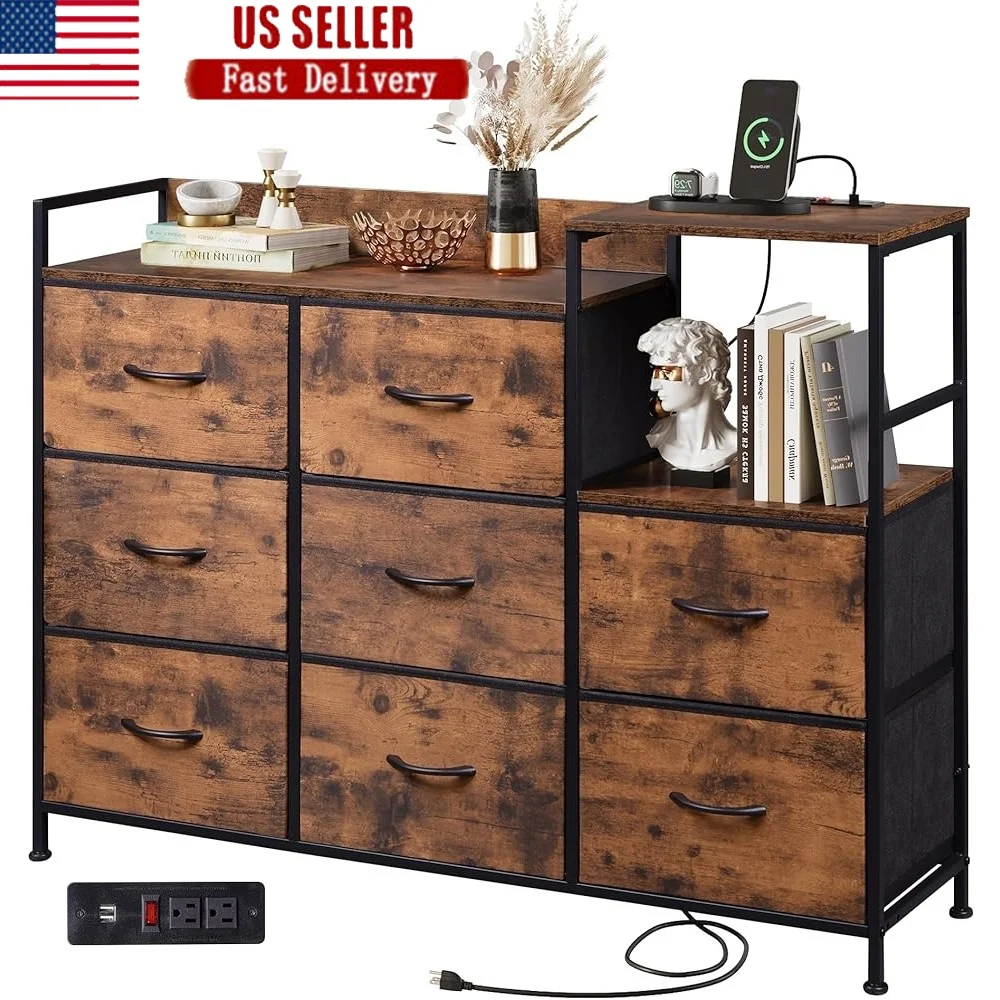 

Dresser TV Stand with Charging Station 8 Large Fabric Drawers Open Shelves Storage Bedroom Living Room Entryway Office
