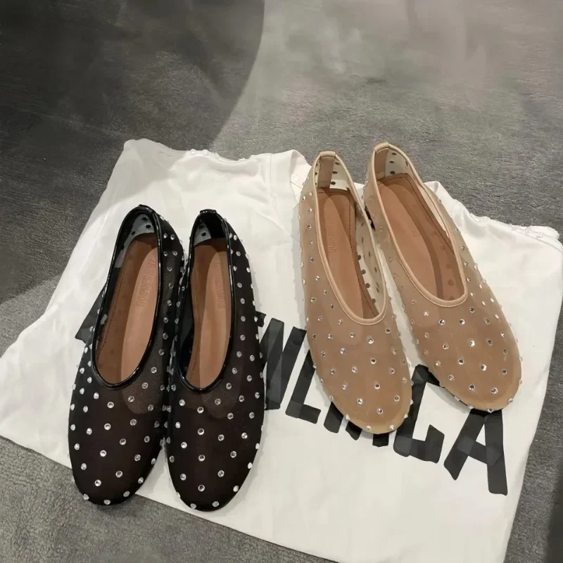 Women Ballet Shoes Casual Walking Loafers Ladies Rhinestone Slip-on Flat Shoes 2024 Fashion Mesh Flat Dance Sandals mocasines