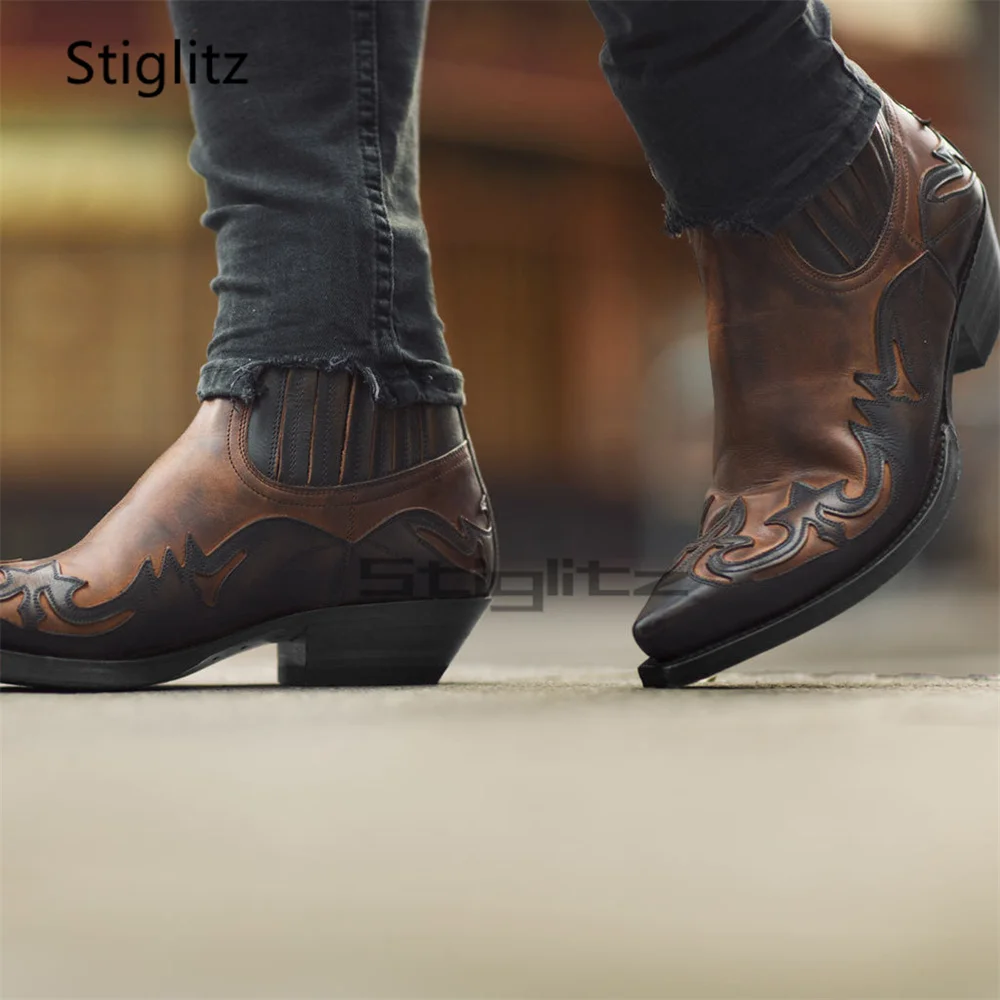 Embroidered Cowboy Boots for Men Casual Retro Distressed Painted Pointed-Toe High-Heeled Mid-Calf Weastern Boots Unisex Shoes