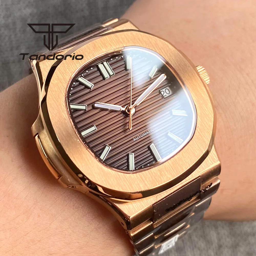 Imagem -02 - Ouro Rosa Revestido Escovado Quadrado 40 mm Relógio de Pulso Automático Masculino Mostrador Marrom Verde Luminoso Safira Vidro Data Automática Parafuso Coroa