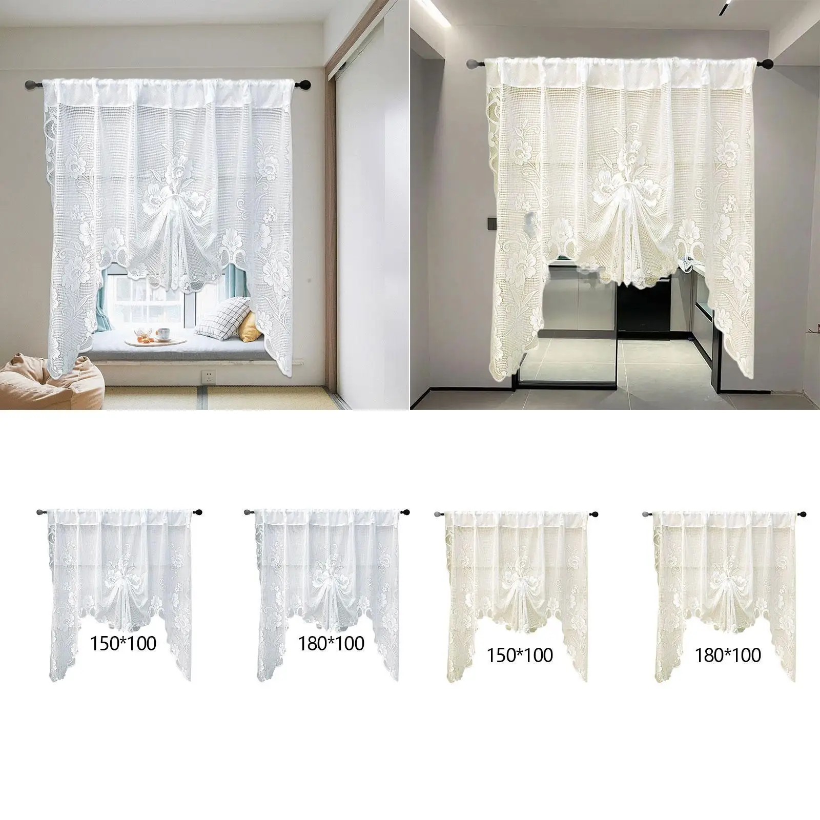 Short Swag Curtain Floral Lace Valance Semi Transparent Polyester Window Treatment for Bedroom Living Room