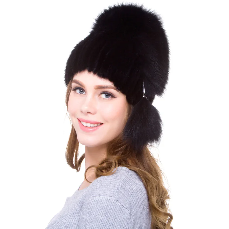 

Mink Knitted Fur Hat Fox Fur Grass Female Sable Skin Hat Amazon Foreign Trade Europe and America Winter