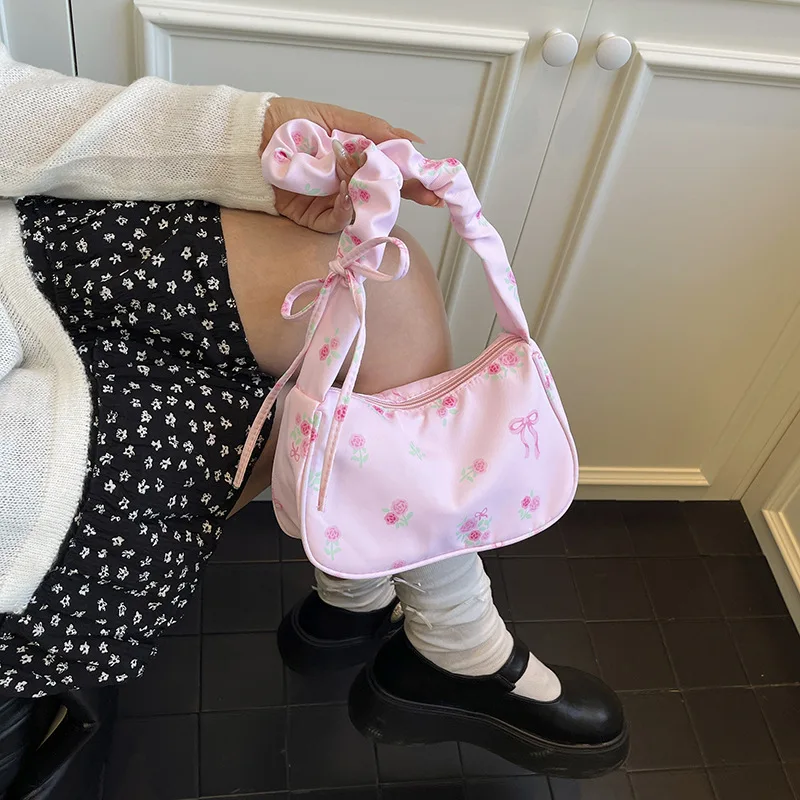 Chic Women's Multi-color Underarm Bag  Pleated Handle Floral & Bow Printed Shoulder Purse