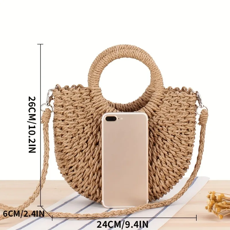 Holiday Style Woven Women's Crossbody Bags, Semi-circular Woven Single Shoulder Handbag, Suitable for Beach Tourism By The Sea