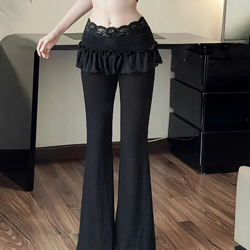 

2025 Summer New Products Small Niche Temperament Solid Color Lace Designed Ruffled Hem Slim Fit Slightly Flared Long Trousers