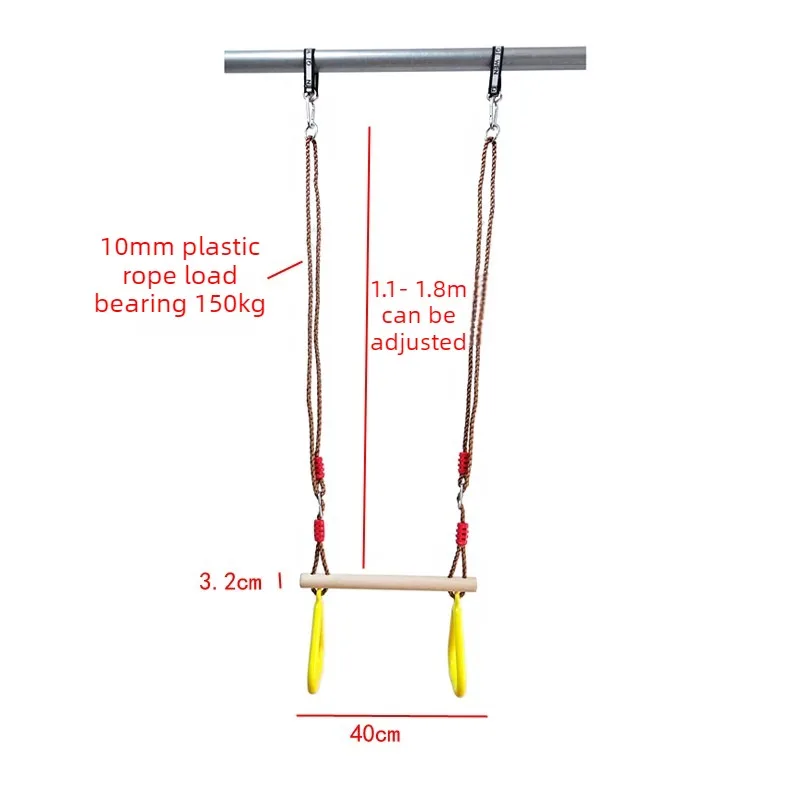 Kids Wooden Swing Hanging Plastic Gym Rings Adjustable Rope Length Horizontal Bar Outdoor Sports Training Children Swings Toy