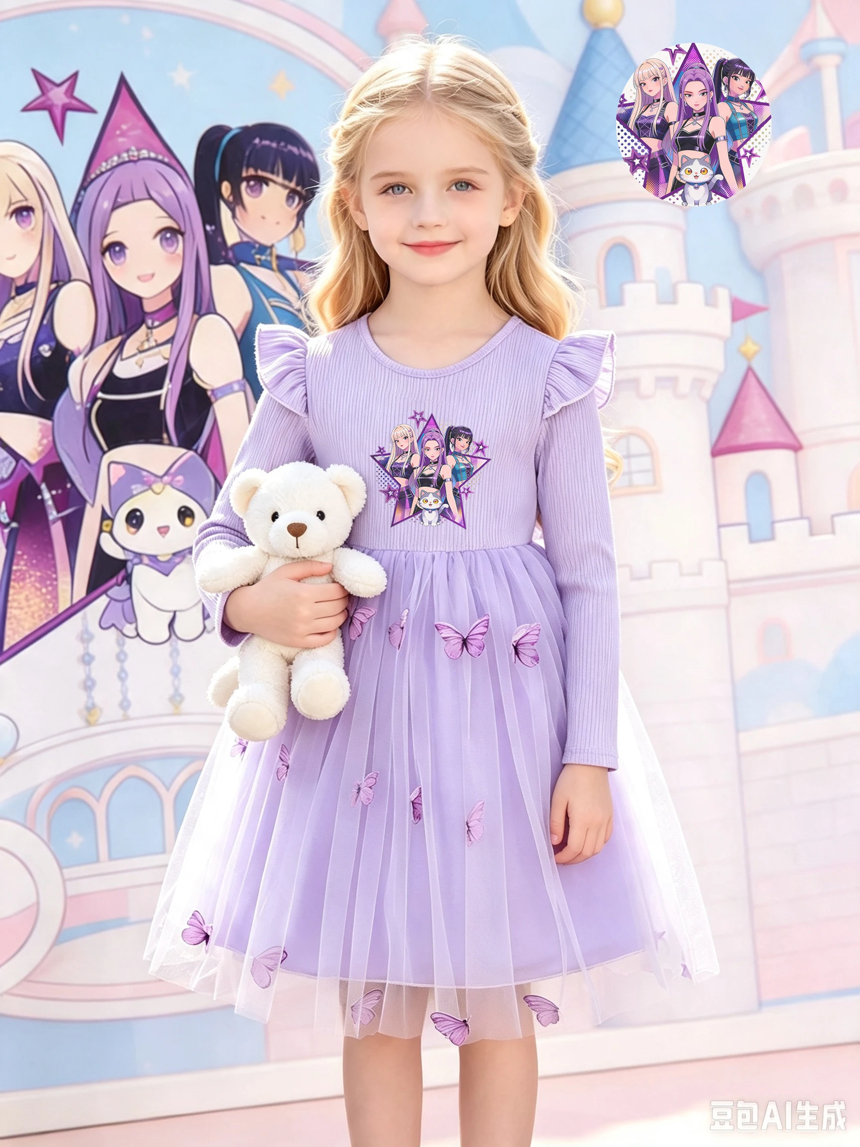 Girls' Cartoon Printed Long-Sleeve Tulle Princess Dress, Light Purple Flutter Sleeve Puffy Skirt with 3D Butterflies, Kids' Spri