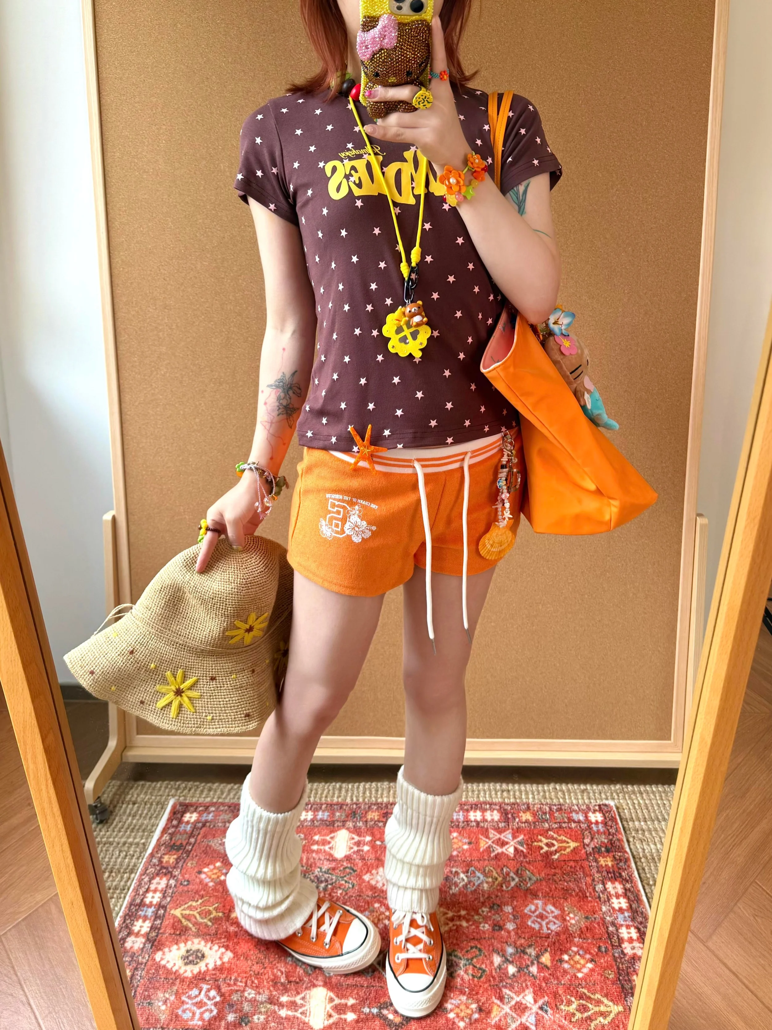 Dopamine Orange Floral Print Shorts Women's Summer A-Line American Hot Girl Sports Casual Beachside Three-Quarter Length Hot ...