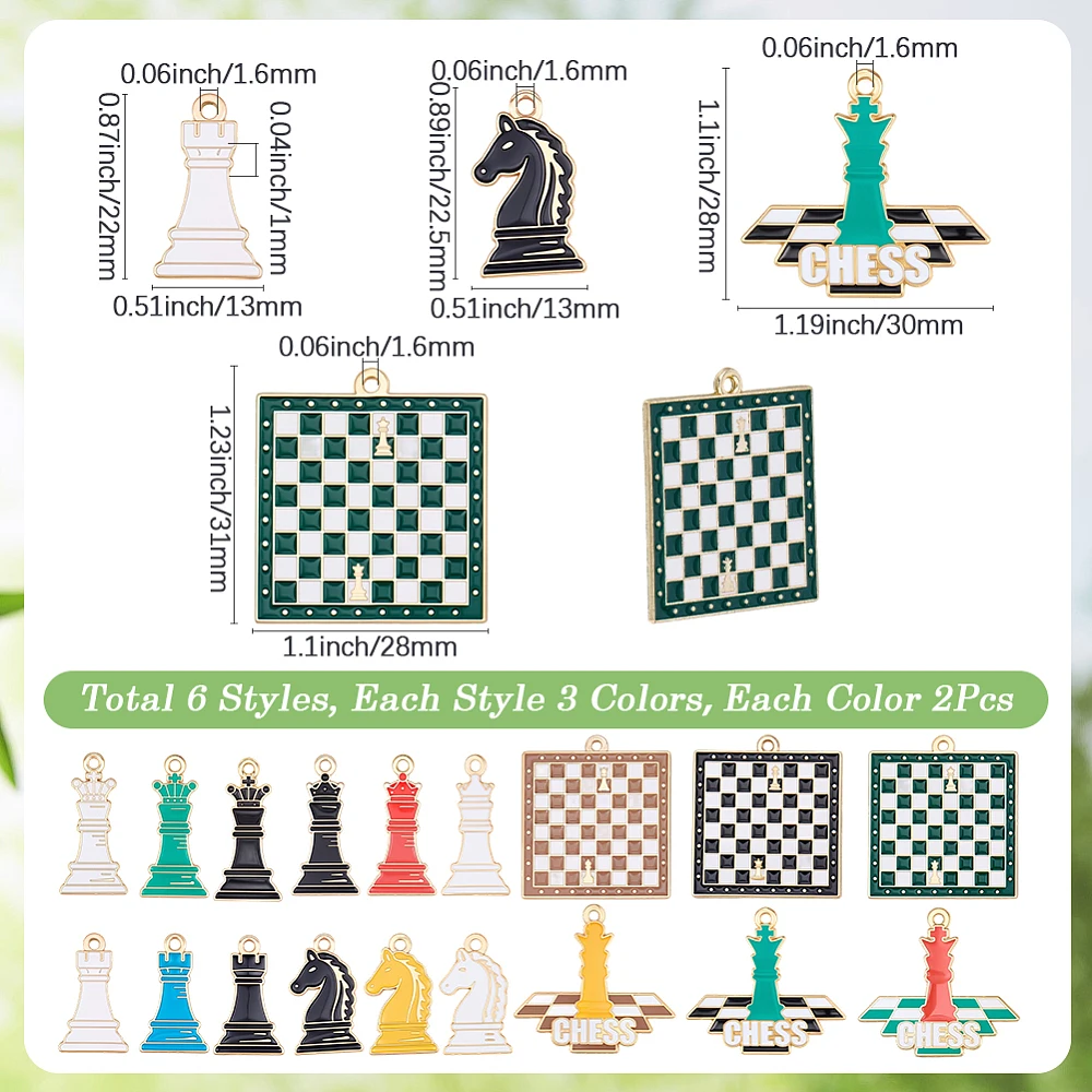 1 Box 36Pcs Chess Piece Charms Checkerboard Charm Alloy Enamel Chessboard International Chess Board Pendants for Jewelry